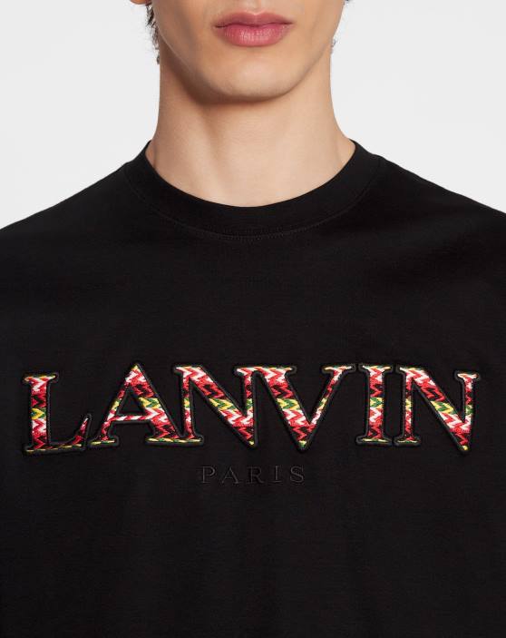 Lanvin vīriešiem klasisks apmales izšūts t-krekls 40LF229 apģērbs melns
