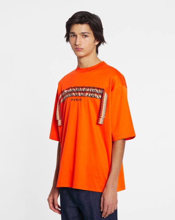 Lanvin vīriešiem lielizmēra izšūts mežģīņu t-krekls 40LF220 apģērbs spilgti oranža