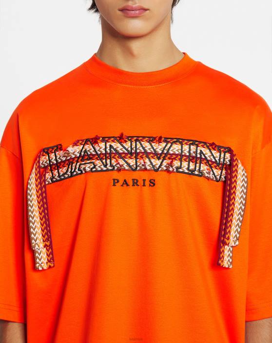 Lanvin vīriešiem lielizmēra izšūts mežģīņu t-krekls 40LF220 apģērbs spilgti oranža